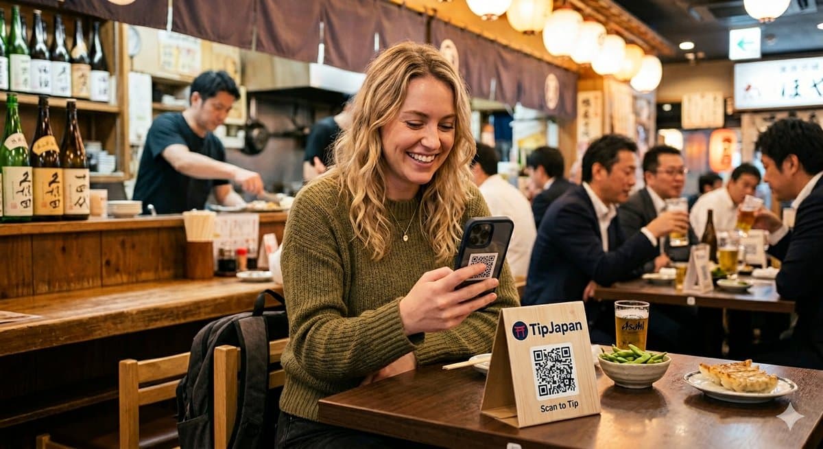 Tourist scanning TipJapan QR code at Japanese restaurant