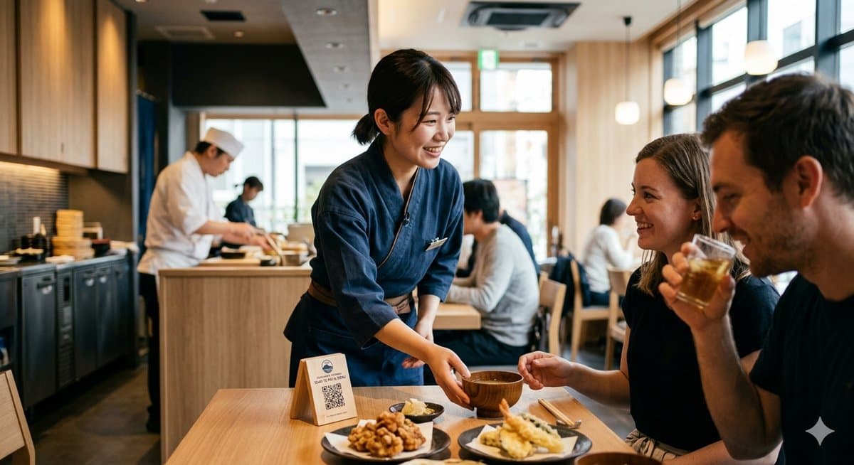 Staff serving tourists with TipJapan QR code visible